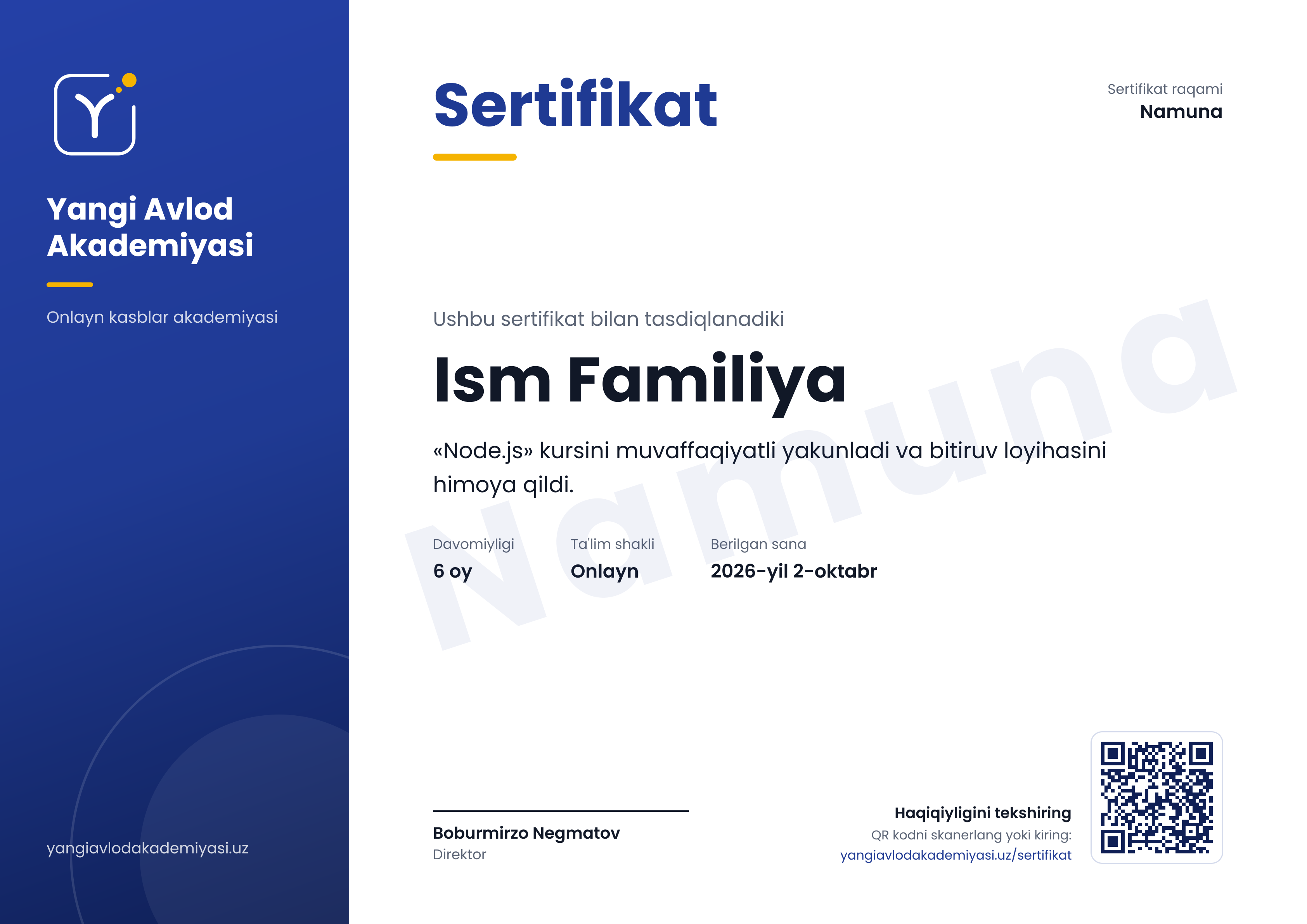 Ism Familiya — «Node.js» kursi sertifikati